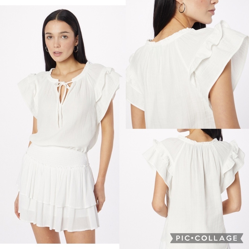 GAP White‎ Crinkled Gauze Ruffle Sleeve Lightweight Boho Tie Neck Blouse Size S